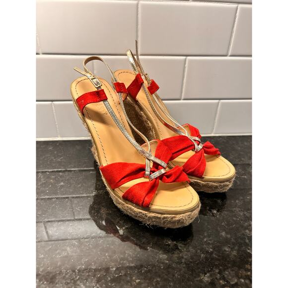 Colin Stuart Suede Espadrille Heel Wedges Sandals Bohemian Tomato Beige SZ 7.5B - Picture 1 of 10
